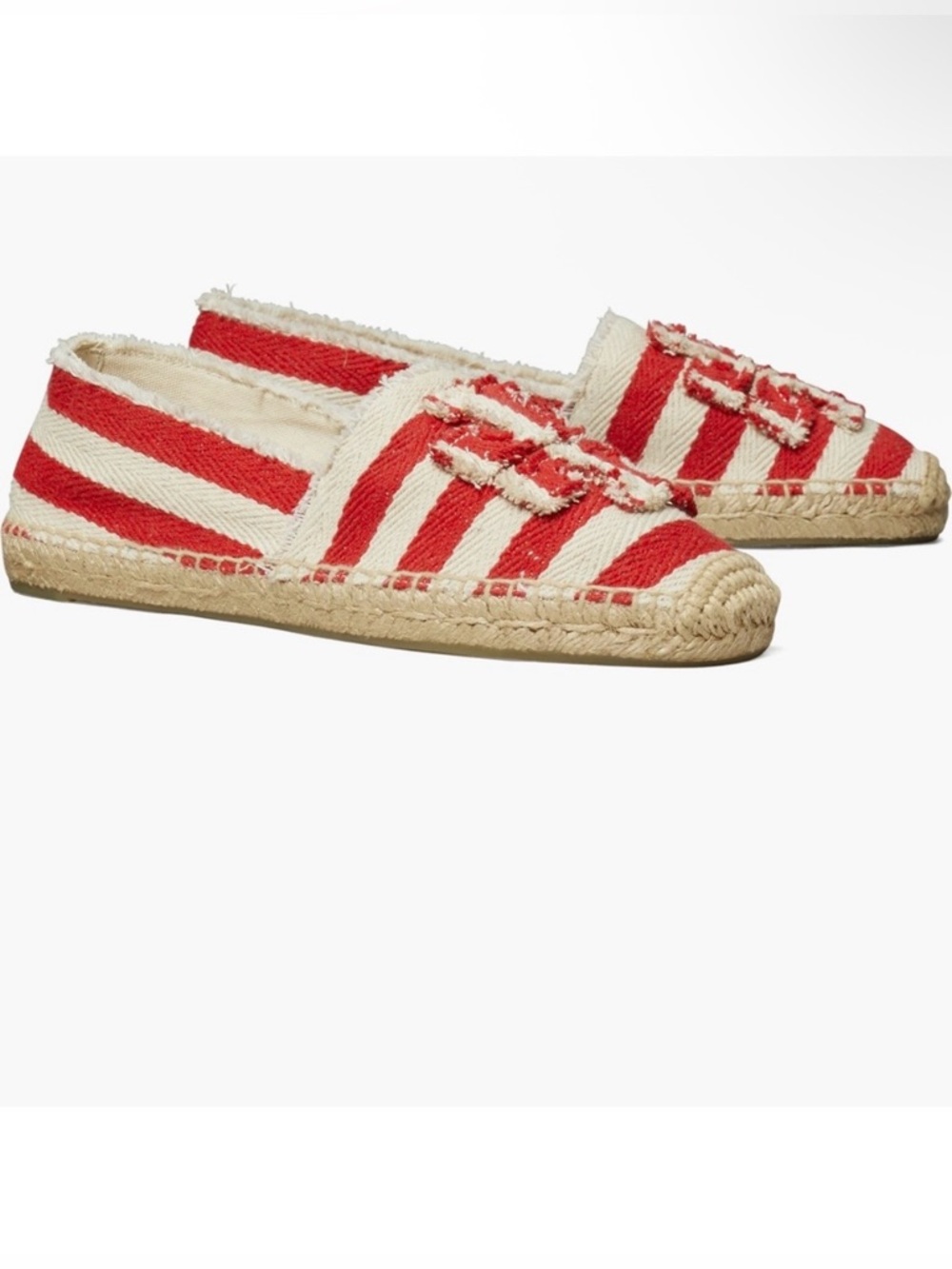 Tory Burch Stripe Red White Logo Woven Jute Espadrilles Fray Shoes Size 8.5